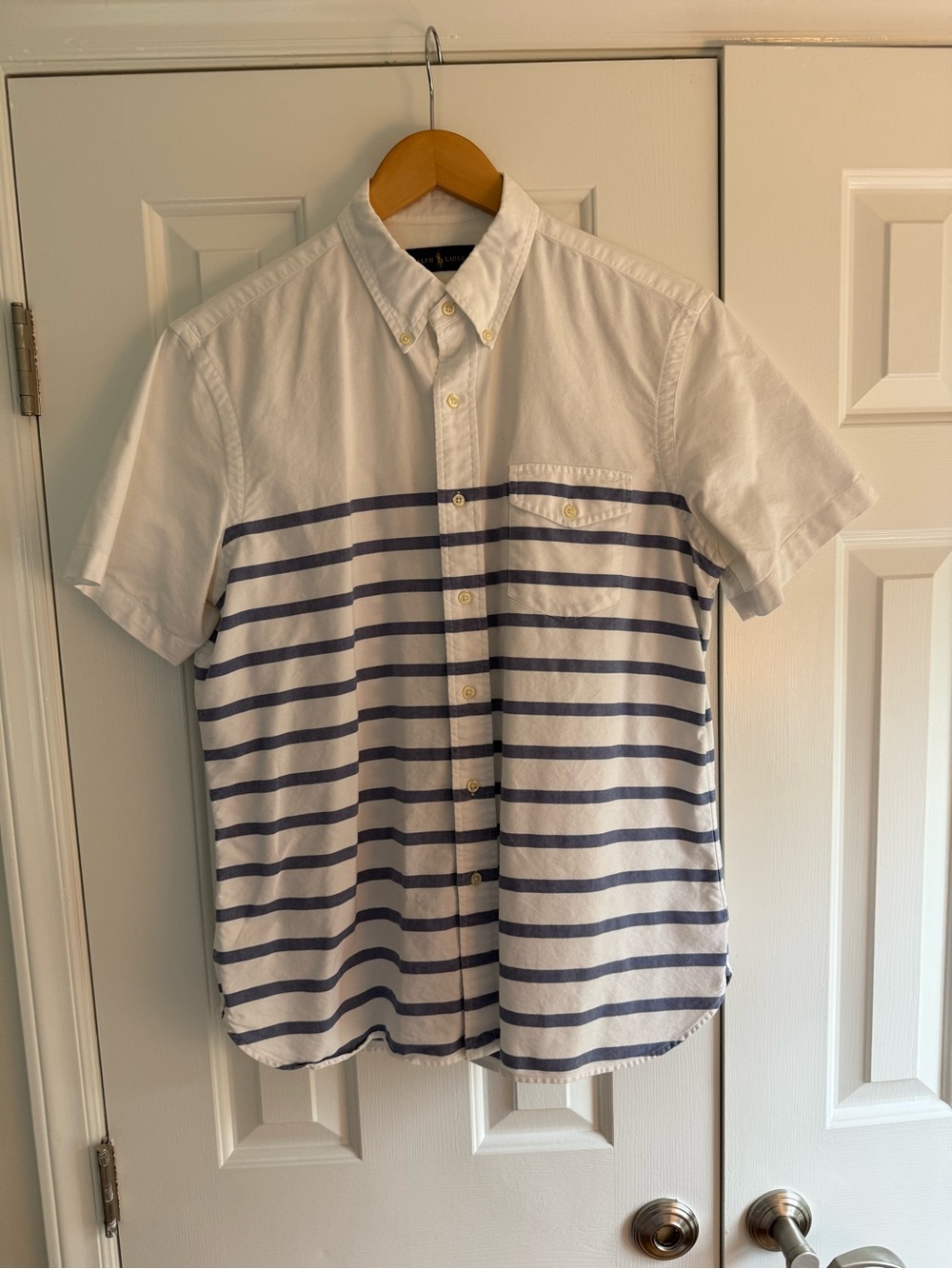 J. Crew White Short-Sleeve Button-Down Shirt with Navy Stripes